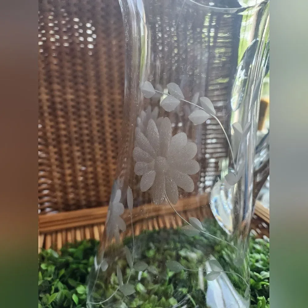 Vintage Etched Floral Pitcher Large